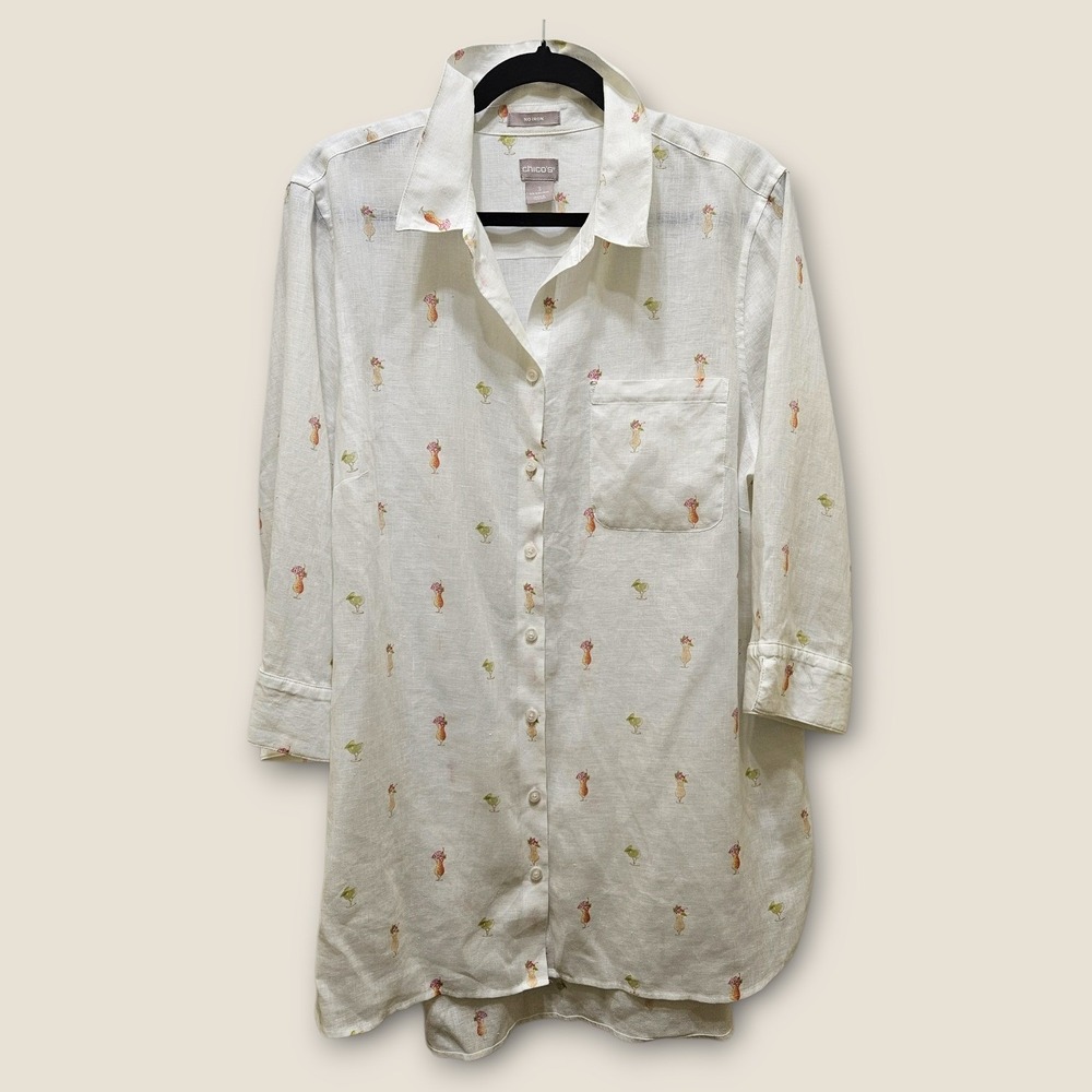 Chico's No Iron 100% Linen Tropical Cocktail Print 3/4 Sleeve Tunic Shirt Size 3